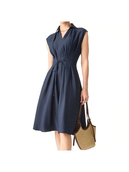 OGL Dresses & Skirts - OGL Move Viscose-Linen Collared V-neck Midi Dress Drawstring Denim Navy Medium